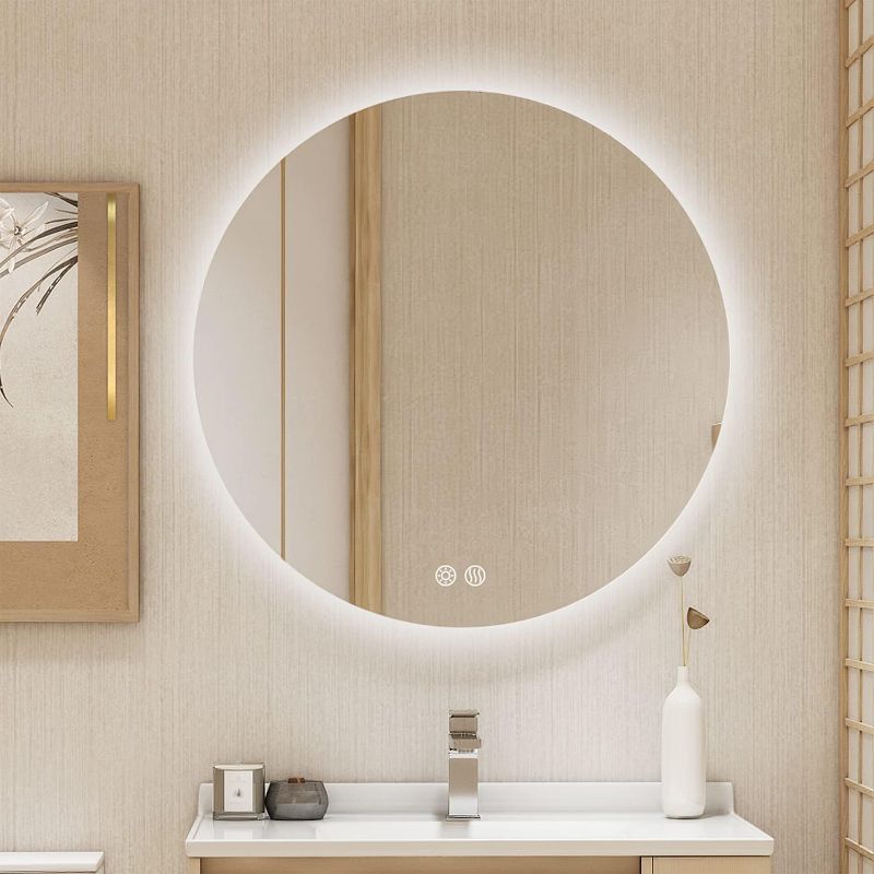 Photo 1 of 28 Inch Round LED Bathroom Mirror Backlit Anti-Fog Wall Mounted Lighted Bathroom Vanity Mirror 3 Colors Light Dimmable Smart Makeup Mirror with Touch Switch

