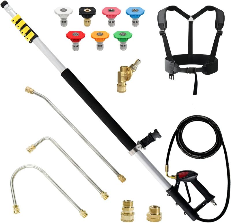 Photo 1 of janz 24 FT, Aluminum Telescoping Pressure Washer Wand with 2 Pressure Washer Extension Wands,Gutter Cleaner Attachment, 7 Spray Nozzle Tips, 2 Hose Inlet Adapters, Pivoting Coupler and Support Harness
