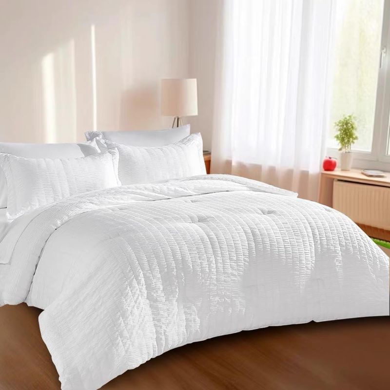 Photo 1 of JOLLYVOGUE White Seersucker King Comforter Set, 7-Pieces Bed in a Bag, Soft Luxury Bedding Comforter for All Season, Light Weight Breathable Fluffy Bed Set
