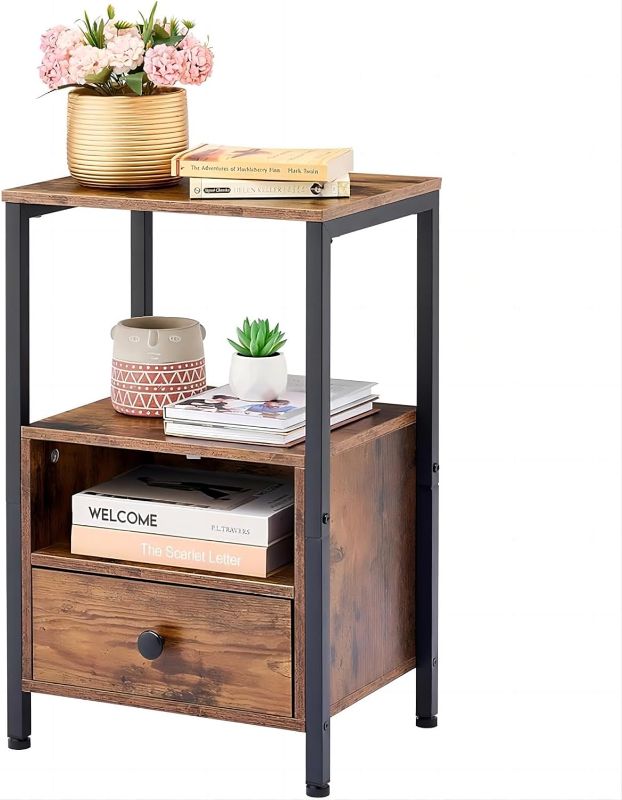 Photo 1 of Hoctieon Nightstand, End Table with Drawer, Beside Table Furniture, Tall Nightstand Dresser, Open Storage Shelf, Easy Assenbly, for Bedroom, Living Room, Office, Wood, Rustic Brown
