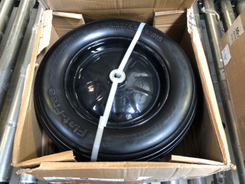 Photo 2 of 2-Pack of 4.80/4.00-8" Flat Free Tire on Wheel,16"Universal Solid Wheel Barrel Tire,3"-6"Center Hub with 5/8" or 3/4” Ball Bearing,Steel Rim,Ribbed Tread,for Wheelbarrows,Garden and Utility Carts
