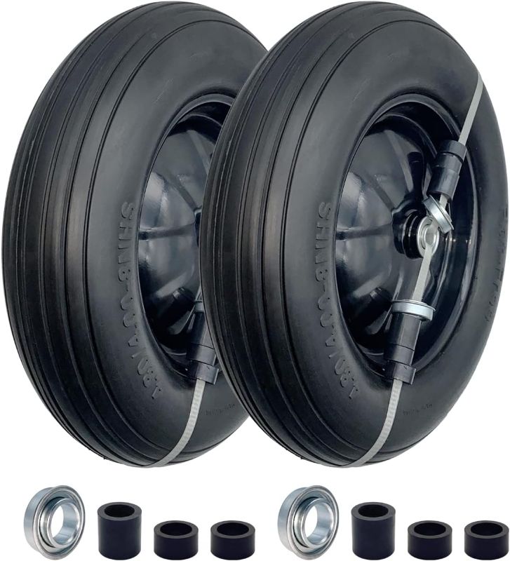 Photo 1 of 2-Pack of 4.80/4.00-8" Flat Free Tire on Wheel,16"Universal Solid Wheel Barrel Tire,3"-6"Center Hub with 5/8" or 3/4” Ball Bearing,Steel Rim,Ribbed Tread,for Wheelbarrows,Garden and Utility Carts
