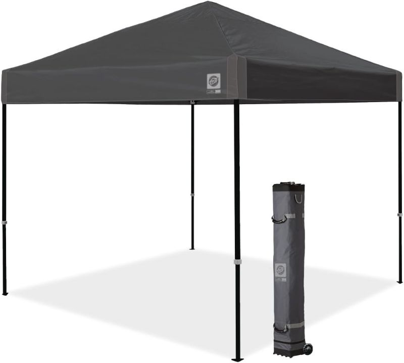 Photo 1 of E-Z UP Ambassador Instant Pop Up Canopy Tent, 10' x 10', Roller Bag and 4 Piece Spike Set, GRAY
