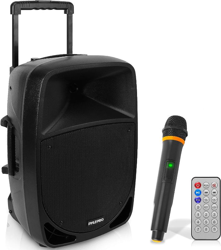 Photo 1 of Pyle 1200W Portable Bluetooth PA Speaker - 12’’ Subwoofer, LED Battery Indicator Lights W/Built-In Rechargeable Battery, MP3/USB/SD Card Reader, and UHF Wireless Microphone - Pyle PSBT125A,Black
