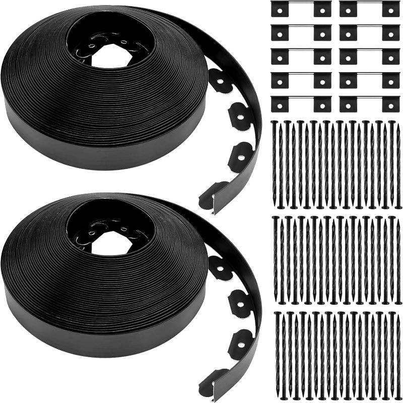 Photo 1 of 200 FT Landscape Edging Kit No Dig Edging Border Coil Include Anchoring Spikes 10 Connectors Plastic Garden Edging Border for Lawn Garden Grass Yard Home School(Black,2 Inch)