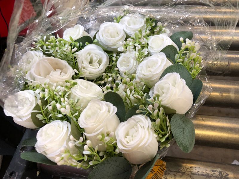 Photo 2 of  Flower Centerpieces for Tables - 14 inch Diam Large White Artificial Flower Fake Roses Candle Rings Wreaths Spring Summer Wreath 
