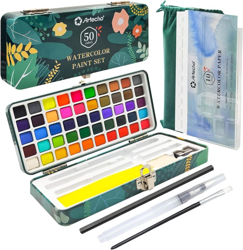 Photo 1 of Artecho Watercolor Paint Set 50 Colors, Water Colors Paint Adult Set with Watercolor Papers and Brushes, Ideal for Adults, Artists and Hobbyists
