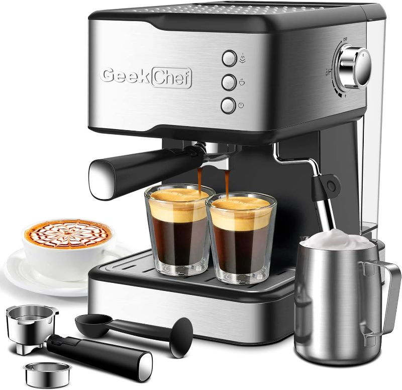 Photo 1 of Geek Chef 20 Bar Espresso Coffee Machine Cappuccino latte ESE pob Maker with filter&Milk Frother Steam Wand, for Home Barista, 1.5L Water Tank, Plastic
