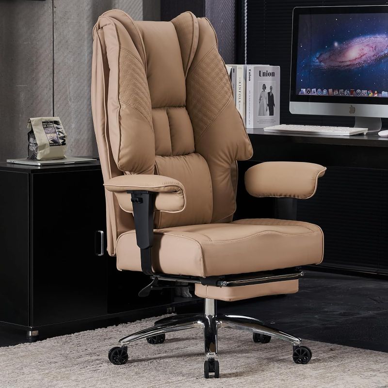 Photo 1 of Big and Tall Office Chair 400lbs Wide Seat, Leather High Back Executive Office Chair with Foot Rest, Ergonomic Office Chair Lumbar Support for Lower Back Pain Relief (Brown)
