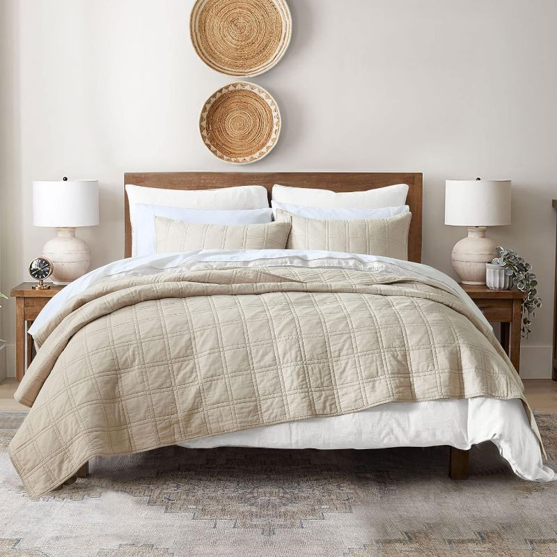 Photo 1 of HORIMOTE HOME 100% Cotton Quilt Queen Size Beige Bedspread, Pre-Washed 3-Piece Cozy Lightweight Stitching Decorative Bedding Cover Coverlet Set with 2 Shams in Geometric Pattern for All Season
