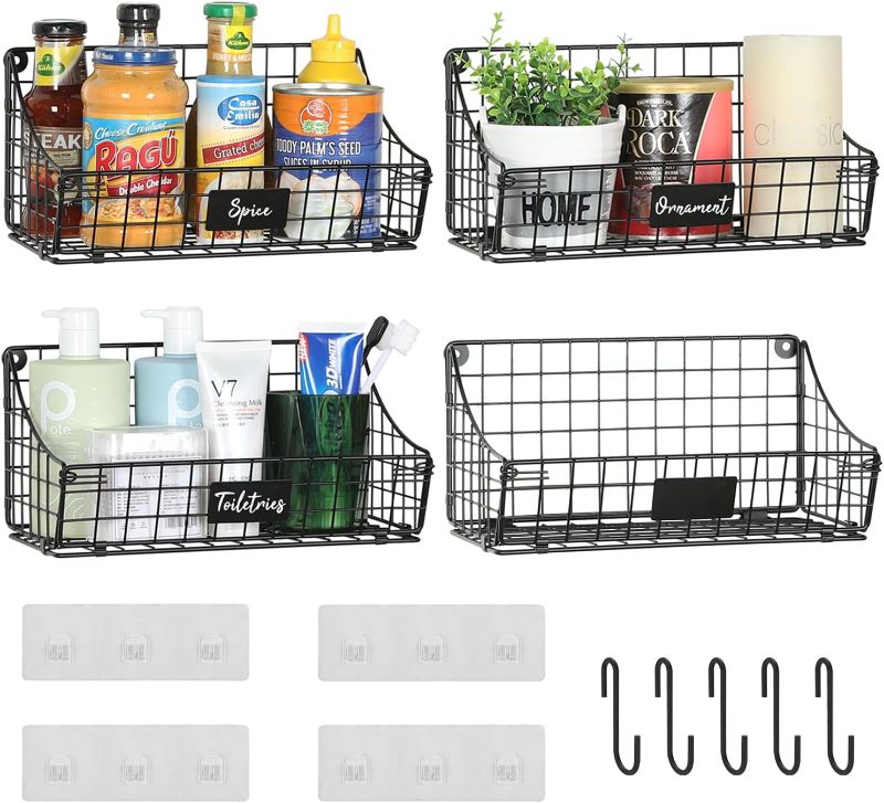 Photo 1 of 4 Pack Hanging Wall Basket for Organizing, Large Wire Baskets for Storage Pantry with 5 S Hooks+4 Strong Adhesive Wall Hooks, Wall Mounted Metal Wire Storage Baskets Shelf for Kitchen Bathroom Shower
