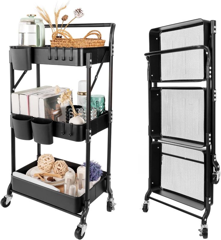 Photo 1 of 3 Tier Foldable Rolling Cart with Wheels, Folding Utility Cart Organizer, Collapsible Rolling Storage Cart with 3 Hanging Cups & 6 Hooks for Kitchen, Office, Nursery(Black)
