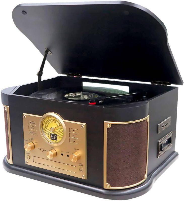 Photo 1 of All-in-One Record Player 3 Speed Bluetooth Vintage Turntable CD Cassette Tape AM/FM Radio USB/SD Playback and Recording Aux-in RCA Line-Out
