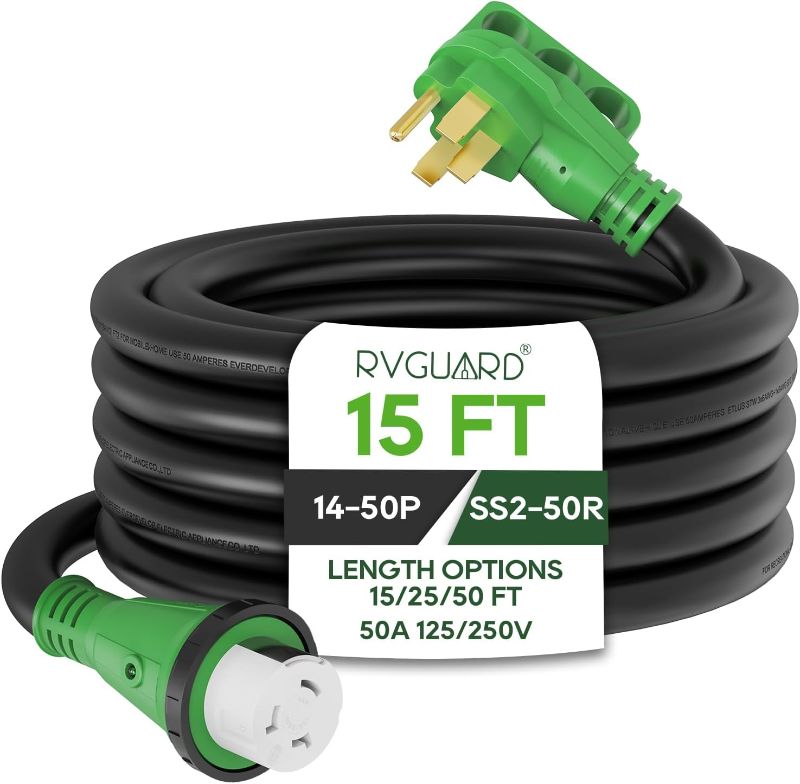 Photo 1 of RVGUARD 50 Amp 15 Foot RV Power Cord, 14-50P to SS2-50R Generator Extension Cord, Heavy Duty STW Cord with LED Power Indicator and Cord Organizer, Green, ETL Listed
