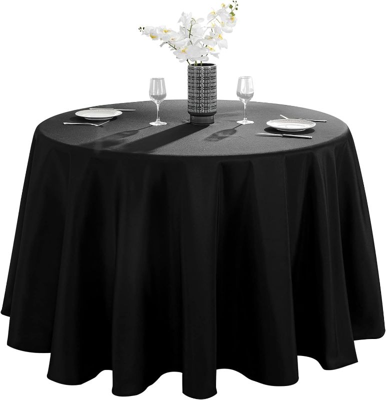 Photo 1 of 132inch Round Tablecloth Polyester Table Cloth?Stain Resistant and Wrinkle Polyester Dining Table Cover for Kitchen Dinning Party Wedding Rectangular Tabletop Buffet Decoration(Black)
