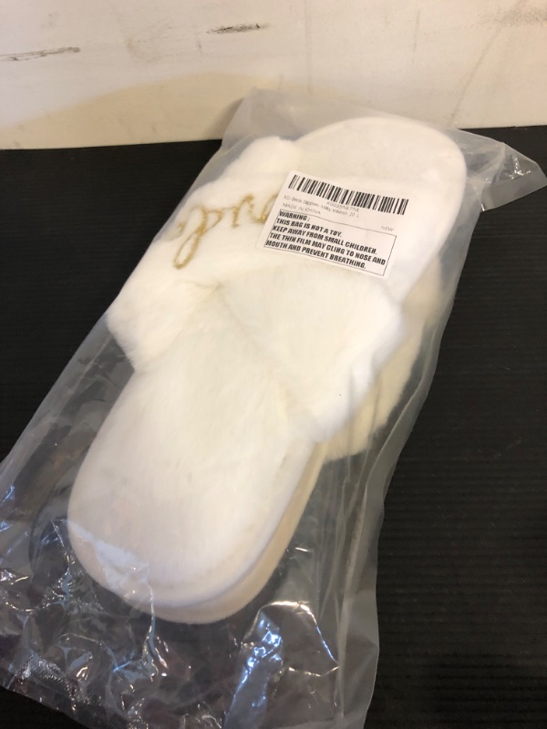 Photo 2 of Size  9/10---WeddingSteps Bride-to-Be Slippers - Comfy and Stylish Bridal Footwear with Elegant White Fur and Embroidery - Perfect Bachelorette Gift Milky White Large Wide