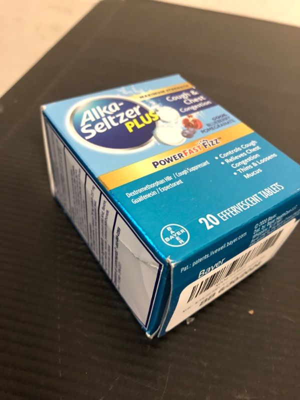 Photo 1 of exp date 06/30/32024--ALKA-SELTZER PLUS Powerfast Fizz, Cough & Chest Congestion Medicine, effervescent Tablets, 20ct Blueberry