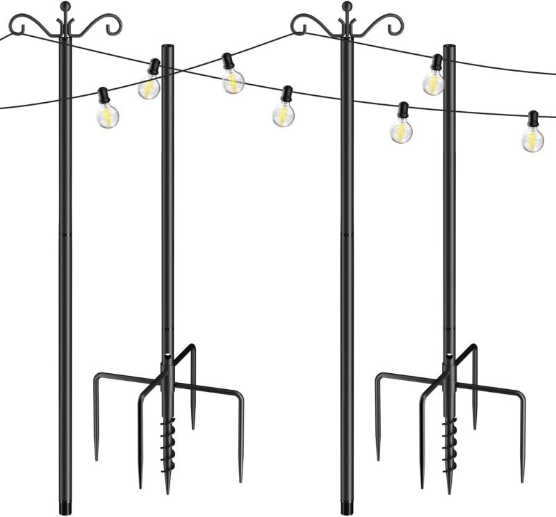 Photo 1 of String Light Poles for Outside 2 Pack, Outdoor Light Poles for String Lights with 5-Prong Base and Spiral Ground Anchor, 8.5 ft Heavy Duty Metal Posts for Backyard Garden Patio Christmas Lighting
