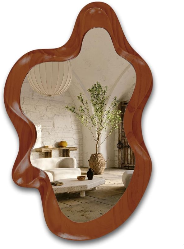Photo 1 of 36 "x 24" Irregular Wall Mirror, Wooden Framed Wall Mirror, Asymmetrical Wall Wavy Mirror for Living Room Bedroom Entryway Bathroom Modern Decorative Mirror with Hanging Hooks
