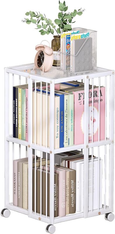 Photo 1 of Rotating Bookcase White 2 Tiers Metal Bookshelf, 360°Cubic Bookshelf for Small Space with Storage and Creative Multi-Layer Shelves,Magazine&Books for Bedroom Living Room Study and Office
