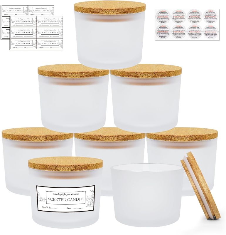 Photo 1 of CONNOO 8 Pack 12 OZ Frosted Glass Wide Mouth Candle Jars for Making Candles with Airtight Bamboo Lids Nice Sticky Warning Labels for Candle Making Empty Container Bulk - Dishwasher Safe
