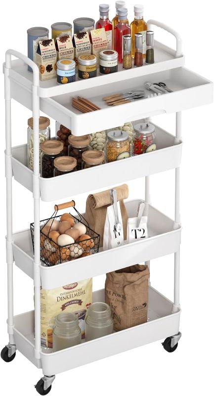 Photo 1 of 4-Tier Rolling Cart?Trolley with Drawer, Kitchen Storage Organizer with Plastic Shelf & Metal Wheels, Storage Cart for Living Room, Kitchen, Office, Bathroom, White
