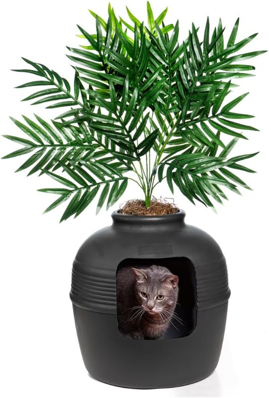 Photo 1 of Good Pet Stuff, The Original Hidden Litter Box, Enclosed Cat Litter Box Planter with Artificial Plants, Carbon Odor Filter & Vented, Easy to Clean, Black Suede
