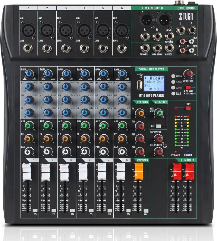 Photo 1 of XTUGA 60CT 6 Channel Mixer for PC Recording Sound Controller Audio Interface with Digital Effect Studio Mixer with 48V Phantom Power RCA Input XLR CT60
