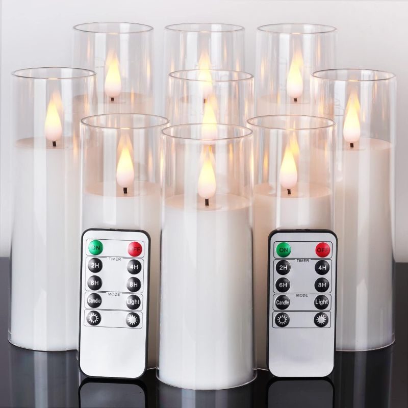 Photo 1 of Amagic Pure White Flameless Candles, Battery Operated Candles, Flickering LED Pillar Candles with Remote Control and Timer, 3D Wick, Yellow and Blue Glow, Set of 9
