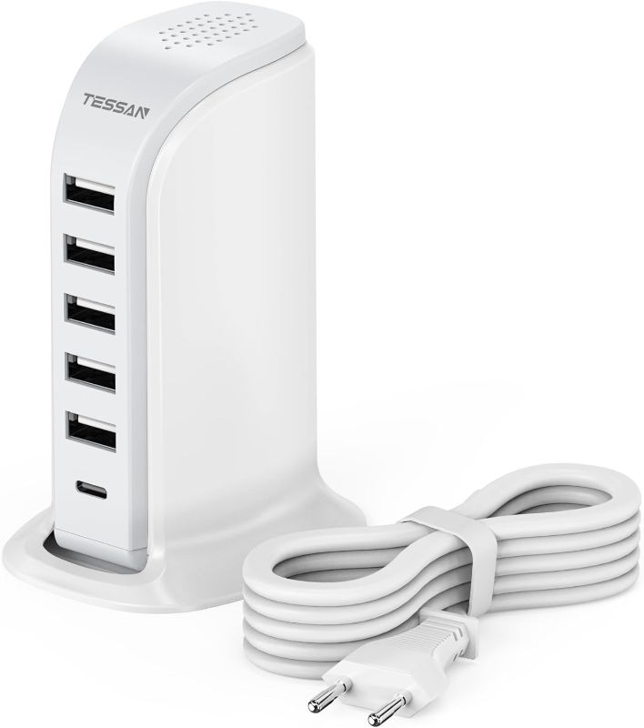 Photo 1 of European Travel Plug Adapter USB C, TESSAN 40W Charging Station with 6 USB Ports, Desk Charging Tower for Multiple Devices, Type C Plug for US to Europe EU Italy Iceland Spain France Germany Greece
