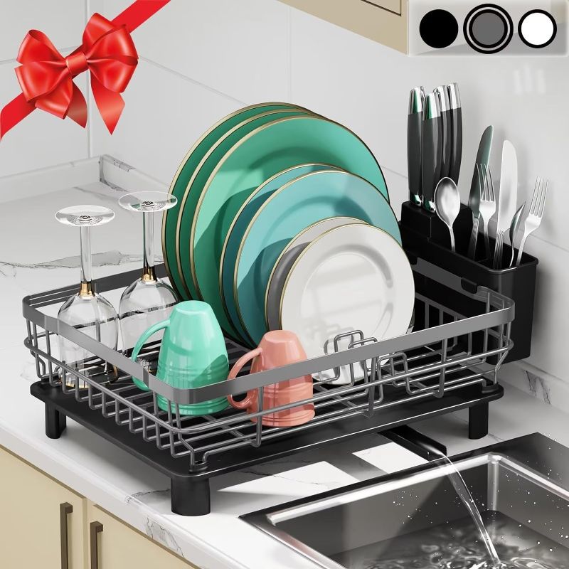Photo 1 of MOUKABAL Dish Racks for Kitchen Counter, Dish Drainer,Dish Drying Rack with Drainboard and Removable Utensil Holder for Kitchen Sink(Metal Grey/Gray)
