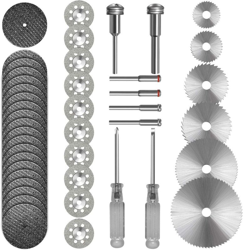 Photo 1 of Cutting Wheel Set Compatible with Plastic 36pcs for Rotary Tool, HSS Circular Saw Blades 6pcs, Resin Cutting Discs 20pcs, 545 Diamond Cutting Wheels 10psc with 2 Screwdrivers
