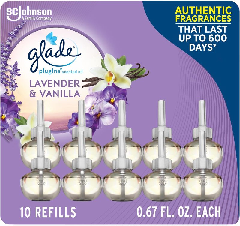 Photo 1 of Glade PlugIns Refills Air Freshener, Scented and Essential Oils for Home and Bathroom, Lavender & Vanilla, 6.7 Fl Oz, 10 Count (Pack of 1) (Packaging May Vary)
