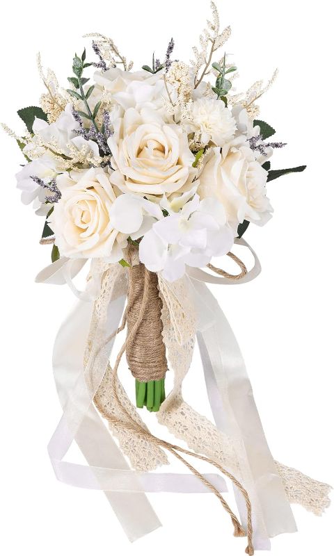 Photo 1 of CEWOR Wedding Bouquets for Bride Bridesmaid, White Champagne Artificial Roses Flowers Wedding Decoration (7.5in)
