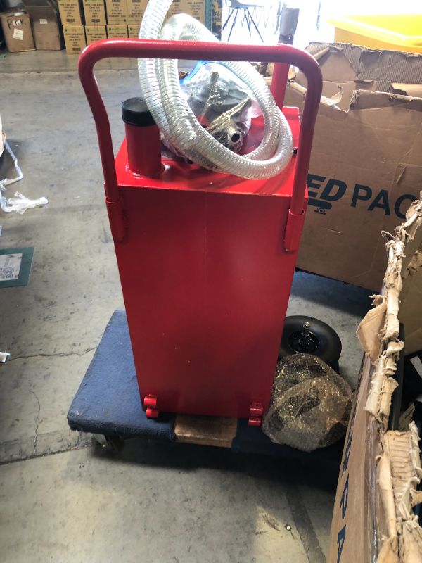 Photo 1 of 40 Gallon Portable Gas Caddy Fuel Storage Tank Large Hand Siphon Pump with Rolling Flat-Free Solid Rubber Wheels for Boat, ATV, Car, Motorcycle (Red)