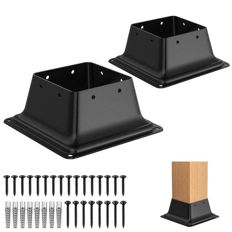 Photo 1 of 4x4 Post Base 2Pcs, Internal 3.6"x3.6" Heavy Duty Powder-Coated Steel Post Bracket Fit for 4x4" Standard Wood Post Anchor, Decking Post Base for Deck Porch Handrail Railing Support
