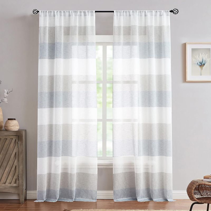 Photo 1 of Vision Home Stripe Sheer Curtains Grey and Smoke Blue Color Block Linen Farmhouse Window Panels 84 inch Rustic Light Filtering Drapes for Living Room Bedroom Rod Pocket,40" Wx84 Lx2
