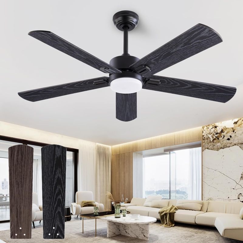 Photo 1 of QUTWOB 52" Ceiling Fan with Light and Remote,Farmhouse 5 Blades Quiet Reversible DC Motor Ceiling Fans for Modern Indoor/Outdoor/Patio/Living Room/Bedroom(Black/Walnut) Black 52-inch