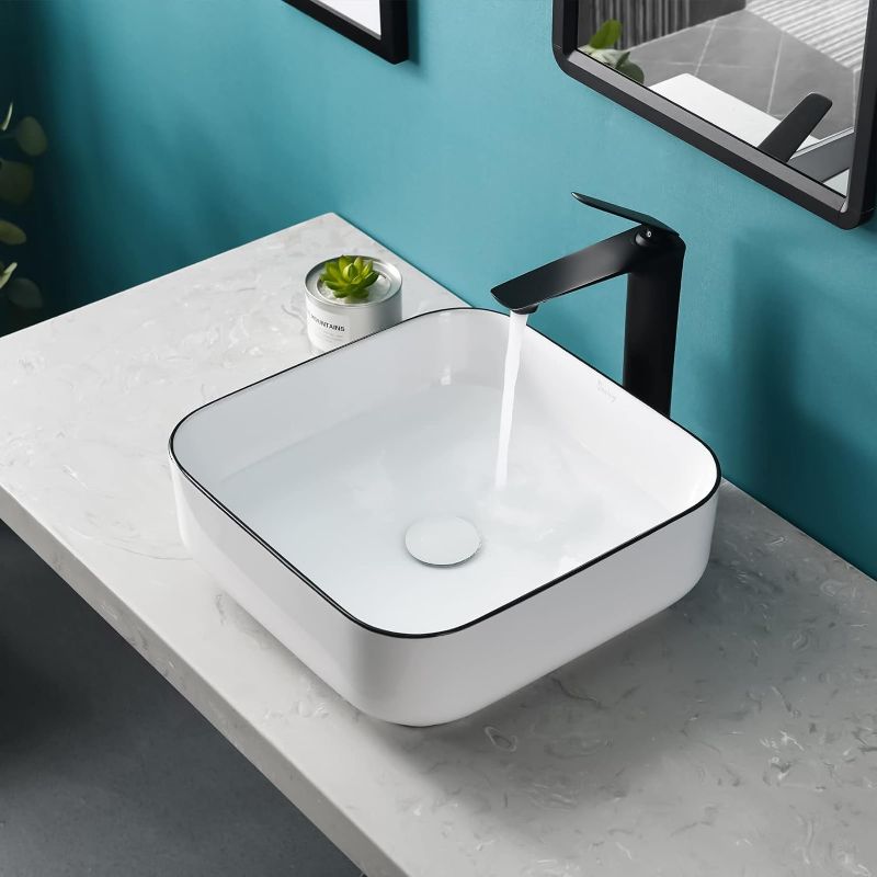 Photo 1 of Tysun Vessel Sink Square, 15'' x 15'' Modern Square Bathroom Sink, Above Counter White Porcelain Ceramic Square Vessel Sinks for Bathrooms
