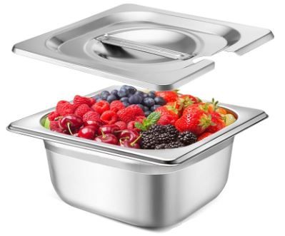 Photo 1 of Stainless Steel Hotel Pan with Lid 1/6 Size Chafing Steam Table Pan Catering Pan with Notched Cover Commercial Stackable Metal Steamer Pan for Buffet Party Storage Food (2.6 Inch)