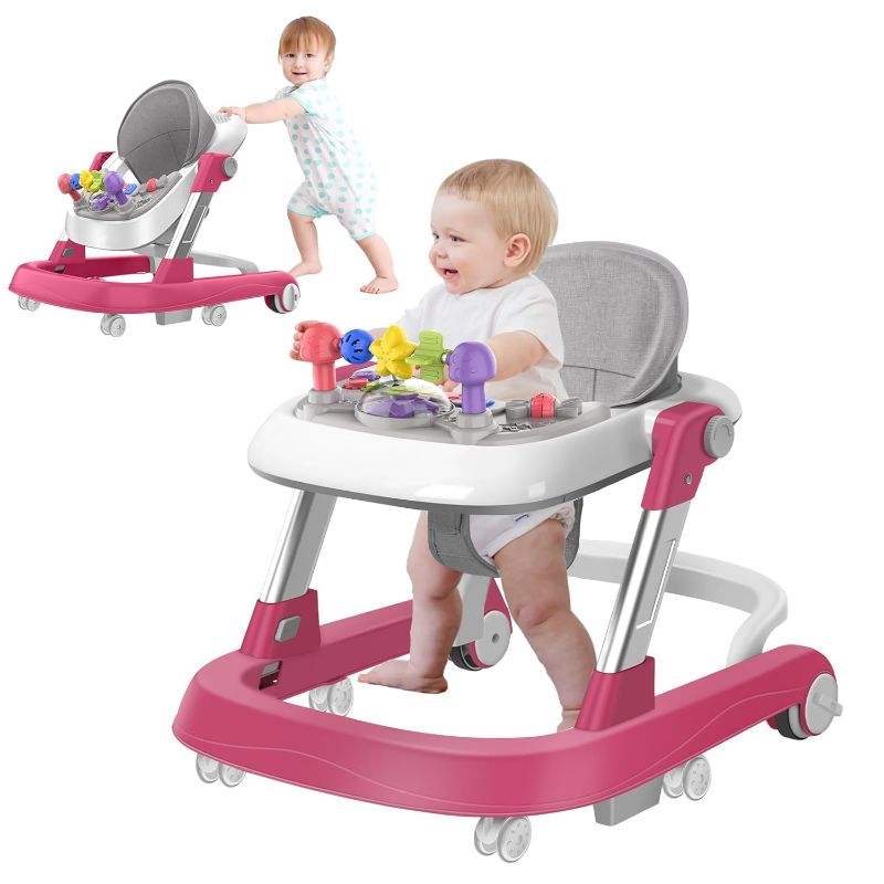 Photo 1 of Baby Walker, 3-in-1 Foldable Baby Walkers and Baby Activity Center with Music &Toys Tray,8-Gear Height Adjustment Infant Toddler Walker and Baby Walker with Wheels for Baby Boys and Girls 6-24 Months Pink