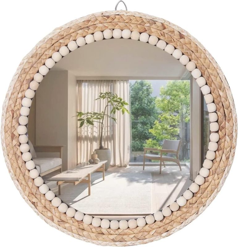 Photo 1 of 20”Large Nature Rattan Boho Innovative Art Decoration Round Makeup Mirror Dressing Bedroom Bathroom Wall Mounted Hanging Mirrors Craft Photo Props…
