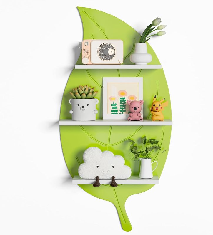Photo 1 of Natural Green Leaf Shaped Floating Shelves Wall Mounted 3 Tier Plant Design Hanging Display Shelves for Wall Storage Decorative Tree Shelf Wall Decor for Kids Plants Toys Living Room Bathroom Nursery