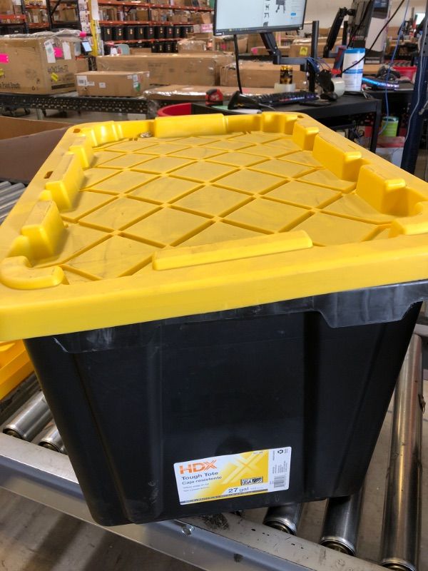 Photo 2 of HDX 27 gal. Strong Box Plastic Storage Tote in Black and Yellow
