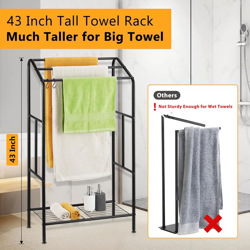 Photo 1 of Standing Towel Racks for Bathroom, 43'' Tall 3 Tier Bathroom Towel Rack Stand with Storage Shelves, Modern Freestanding Towel Drying Rack for Poolside, Black Blanket Rack Holder, ALHAKIN