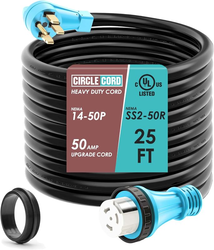Photo 1 of CircleCord UL Listed 50 Amp 25 Feet RV/Generator Cord with Locking Connector, Heavy Duty 6/3+8/1 Gauge STW Wire, 14-50P Male and SS2-50R Twist Locking Female for RV Camper and Generator to House
