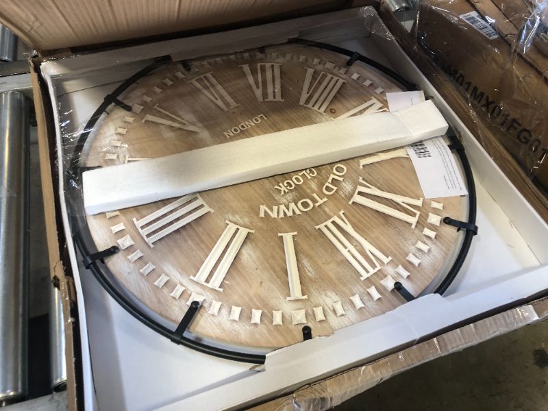 Photo 1 of 24 Inch Oversized Famhouse Wall Clock, Rustic Antique Wood with Metal Circle and Large Engraved Numerals, Silent Battery Operated for Office Kitchen Bedroom Living Room, Nature Industrial