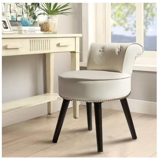 Photo 1 of Off-White Wood Upholstered Vanity Stool Round 17.3 in. W x 15.7 in. D x 25.1 in. H
