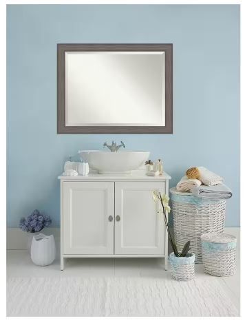 Photo 1 of Country Barnwood 45 in. x 35 in. Beveled Rectangle Wood Framed Bathroom Wall Mirror in Gray
