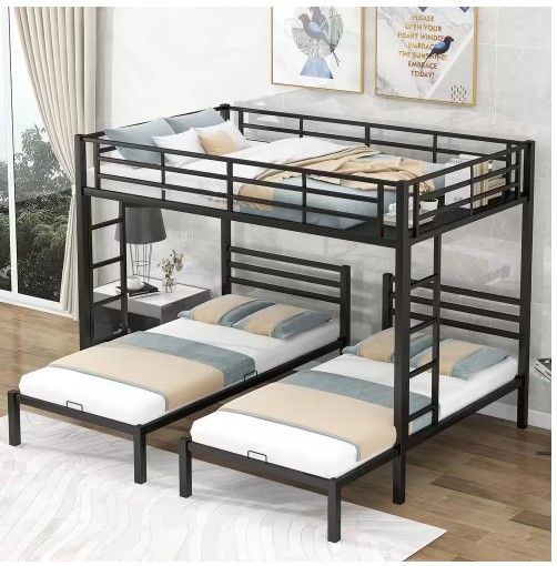 Photo 1 of INCOMPLETE SET!!!Black Full over Twin and Twin Size Metal Triple Bunk Bed with Built-in Shelf
BOX 1OF2 ONLY!!!